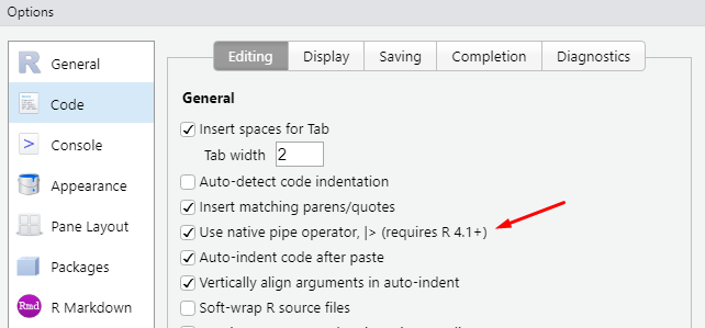 RStudio - opção para utilizar o *pipe* nativo do R