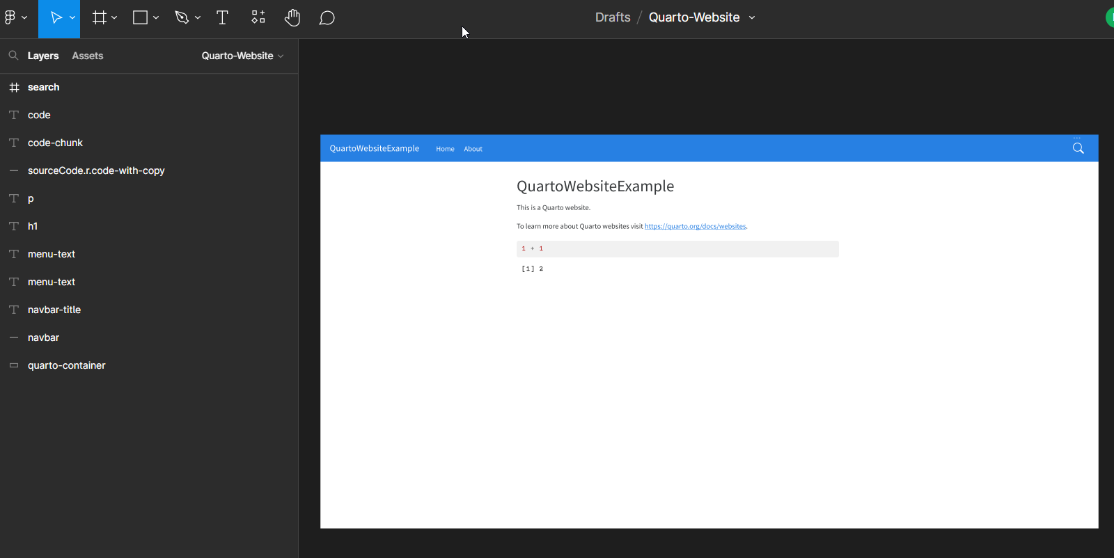 A screenshot of a Figma file named "Quarto-Website"